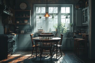 Dark kitchen room interior with four chairs, dining table