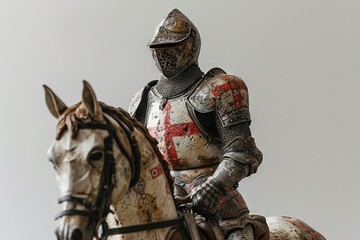 A knight in armor with a shield and sword.  A stoic knight stands tall, his glistening armor a symbol of bravery and protection, as he guards a statue of valor in a display of timeless art