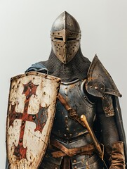 A knight in armor with a shield and sword.  A stoic knight stands tall, his glistening armor a symbol of bravery and protection, as he guards a statue of valor in a display of timeless art
