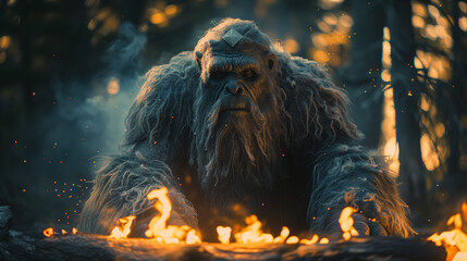 Mystical Forest Guardian: An Ancient Ape-like Creature Overseeing a Ritualistic Fire Amidst Twilight Woods