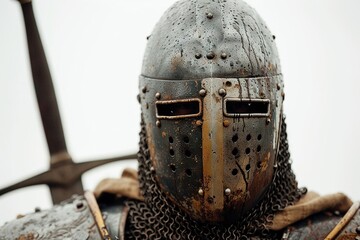 A knight in armor with a shield and sword.  A stoic knight stands tall, his glistening armor a symbol of bravery and protection, as he guards a statue of valor in a display of timeless art