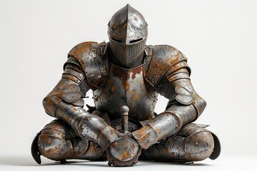 A knight in armor with a shield and sword.  A stoic knight stands tall, his glistening armor a symbol of bravery and protection, as he guards a statue of valor in a display of timeless art - obrazy, fototapety, plakaty