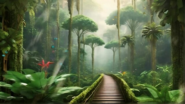 A wooden bridge that stretches deep into the tropical forest. A tropical forest scene with tall trees. 4k animated video with a jungle nature scene theme. Ancient Jurassic forest with sunlight shining