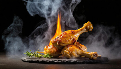 Chicken meat with smoke and flame, closeup; barbecue concept chicken fresh raw cut Generated AI