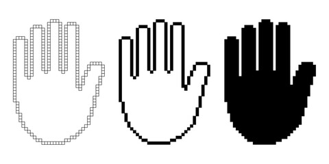pixel art palm hand icon set isolated on white background