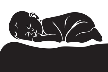 Cute sleeping baby on the bed. Black and white vector illustration.
