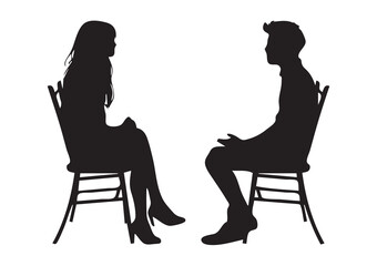 Vector silhouette of a man and woman sitting on a chair on a white background.