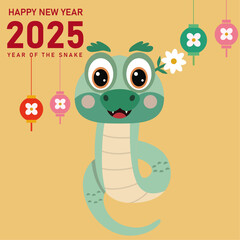 Happy lunar new year 2025 greeting card with cute snake, Happy new year, Chinese new year, year of the snake, Chinese zodiac snake in geometric flat modern style