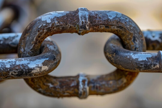 A close up of a rusty chain with a broken link