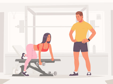 Athletic girl doing individual sports training with a trainer in the gym. Vector illustration