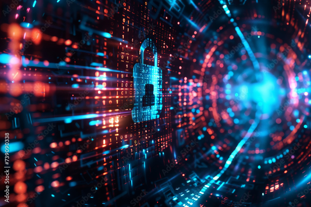 Poster a digital image of a padlock surrounded by binary code
