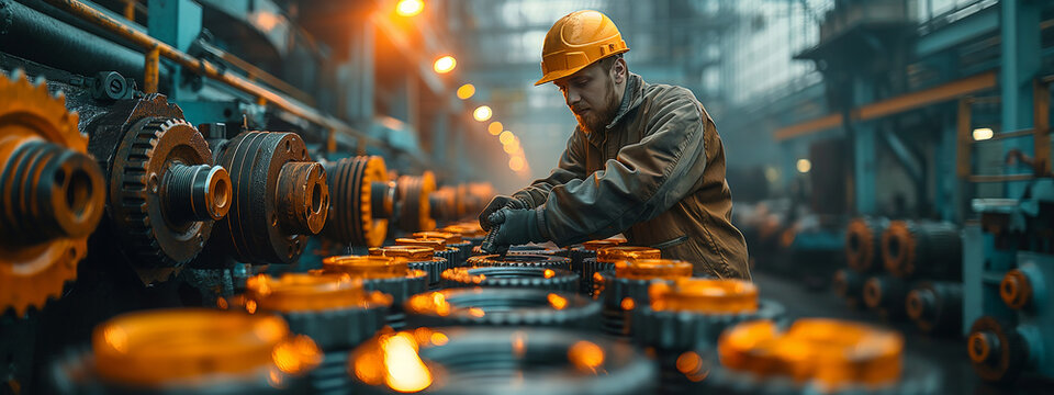 Heavy industry. A engineer holding a bolt with industrial background