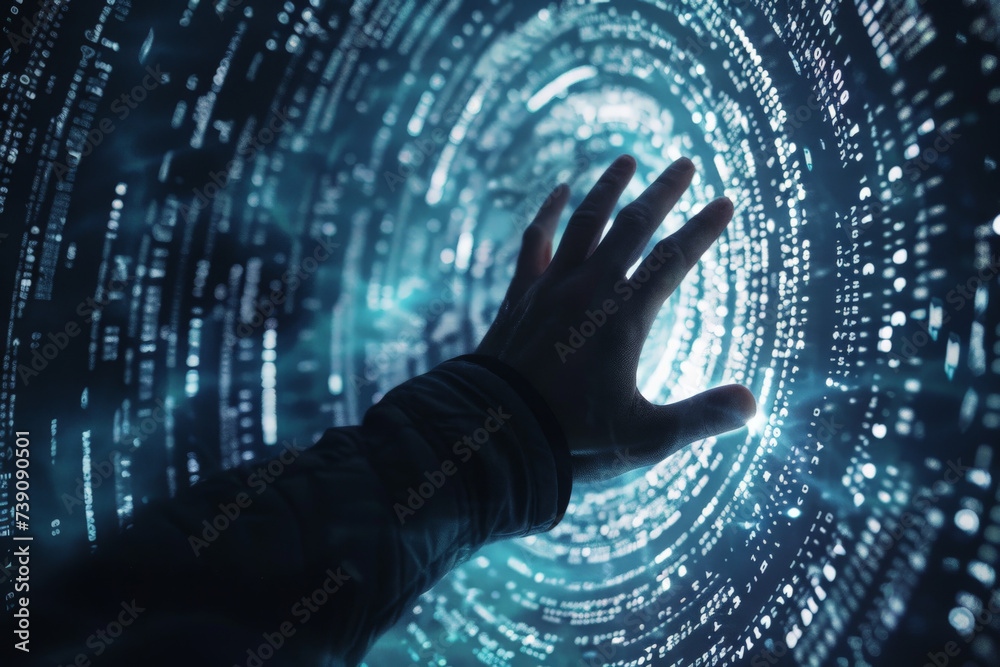 Poster a person 's hand is reaching out into a tunnel of binary code