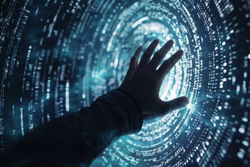 A person 's hand is reaching out into a tunnel of binary code