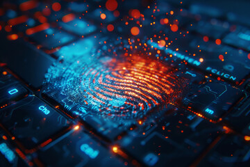 A close up of a fingerprint on a computer keyboard - obrazy, fototapety, plakaty