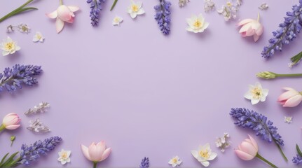 Obraz na płótnie Canvas purple background. pastel colour. With copy space. Spring flowers, small flowers, petals, spring theme. Muscari, lotus and other small spring flowers. Planar arrangement. Spring floral background, tex