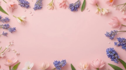 pink background. pastel colour. With copy space. Spring flowers, small flowers, petals, spring theme. Muscari, lotus and other small spring flowers. Planar arrangement. Spring floral background, textu