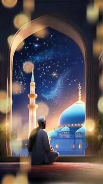Animated greeting cards for Eid and Lailatul Qadr, the night of blessings. Scene of a man sitting in a mosque praying. Portrait animation video for mobile