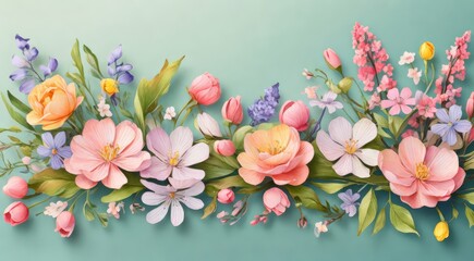 green background. Flower illustration. Spring flowers, small flowers, petals, spring theme. Muscari, lotus and other small spring flowers. Planar arrangement. Spring floral background, texture, wallpa