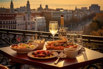 Spanish tapas on a balcony overlooking a bustling square in Madrid. - obrazy, fototapety, plakaty