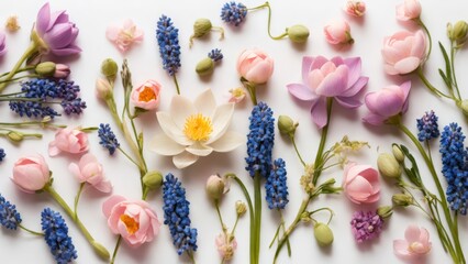 Spring flowers, small flowers, petals, spring theme. Muscari, lotus and other small spring flowers. Planar arrangement. Spring floral background, texture, wallpaper.