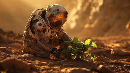 astronaut plants potatoes on planet Mars - obrazy, fototapety, plakaty
