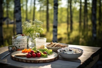 Scandinavian smorgasbord on a wooden deck surrounded by birch trees. - obrazy, fototapety, plakaty