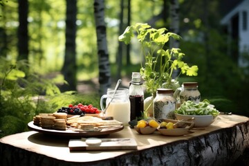 Scandinavian smorgasbord on a wooden deck surrounded by birch trees. - obrazy, fototapety, plakaty