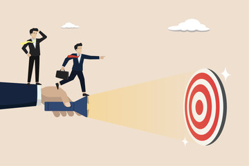 Uncovering Target. Find the target of success, success is in sight. A hand holding a flashlight uncovering hidden target. Business vector concept illustration