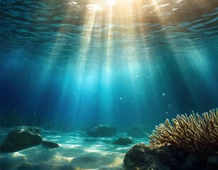 海　海底　深海　水中　トラベル　イメージ　フレーム　背景　コピースペース　AI生成画像 - obrazy, fototapety, plakaty
