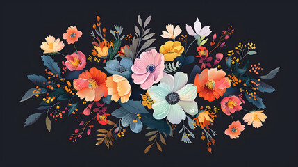 Beautiful colorful tropical flower pattern on Black Background. Cute contemporary seamless pattern of botanicals. Colorful Summer Theme