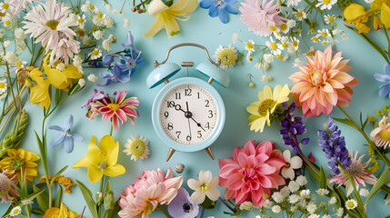 Vintage clock surrounded by vibrant array of spring flowers on green pastel background, symbolizing...