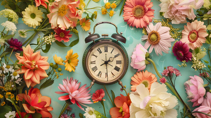 Vintage clock surrounded by vibrant array of spring flowers on green pastel background, symbolizing time, nature, and holiday cheer