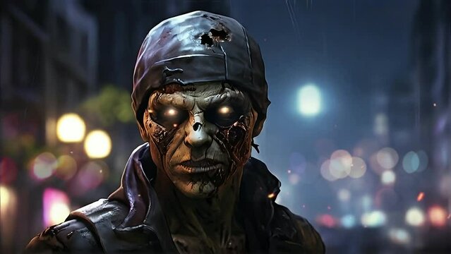 A close-up of a zombie in the city. The atmosphere of the zombie apocalypse that destroyed the city. Sci-fi horror background. Motion animated