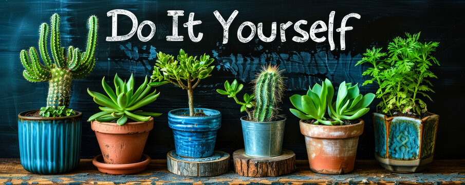 Do It Yourself inspirational quote on a black chalkboard with cacti and green plant in pots, encouraging creativity and personal effort