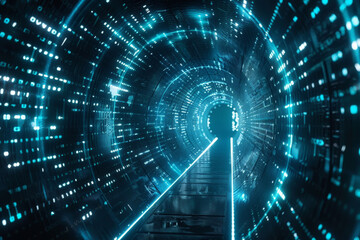 A futuristic tunnel with a blue light coming out of the end