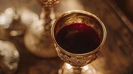 An ornate wine cup used in the Kiddush ceremony at the beginning of the holiday, filled with red wine. 