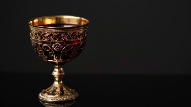 An ornate wine cup used in the Kiddush ceremony at the beginning of the holiday, filled with red wine. black background