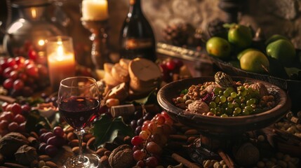 Naklejka premium Delicious Jewish food on the table, celebrating Passover. Religious food of Judaism.