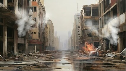 Immerse yourself in the grim reality of a city torn apart, its structures reduced to rubble, engulfed by fire and smoke, painting a vivid picture of post-war or disaster-struck urban decay