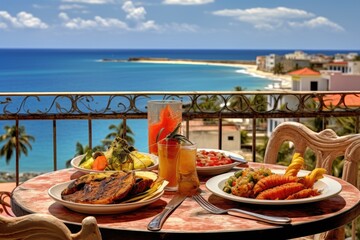 Cuban cuisine on a colorful balcony with Caribbean sea views. - obrazy, fototapety, plakaty