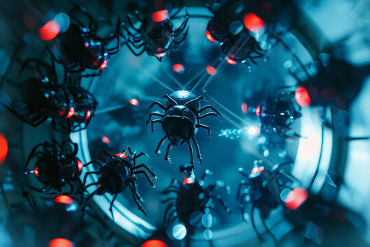 A computer generated image of spiders in a dark room