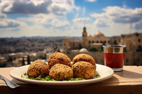 Israeli falafel on a terrace overlooking the historic city of Jerusalem.