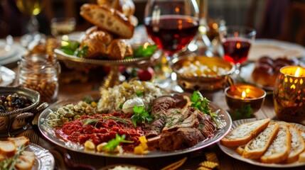 Obraz premium Delicious Jewish food on the table, celebrating Passover. Religious food of Judaism.