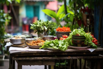 Vietnamese banh mi in a street-side garden filled with bonsai trees.