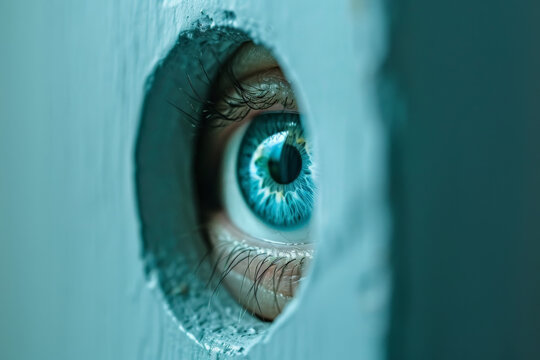 A Blue Eye Is Looking Through A Hole In A Wall