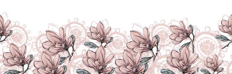 A decorative border of magnolia flowers and branches is highlighted on the background. A pattern of leaves.  For nature, eco and design. Hand-drawn plants, a frame for a postcard.