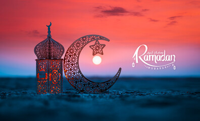 Ramadan Mubarak background, Islamic Lantern lamp with crescent moon on the beach, 2024 Eid Mubarak...