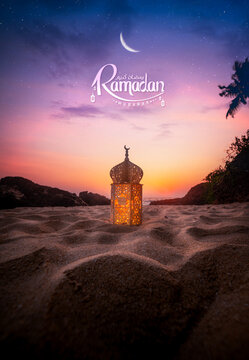 Ramadan greeting poster image, Beautiful lantern lamp on the beach with crescent moon on the night sky, 2024 Ramadan Kareem and Eid Mubarak photography