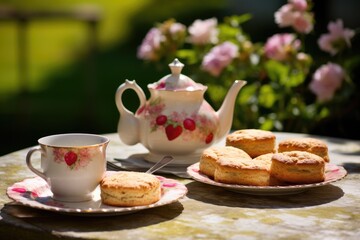 English tea and scones in a charming English cottage garden.